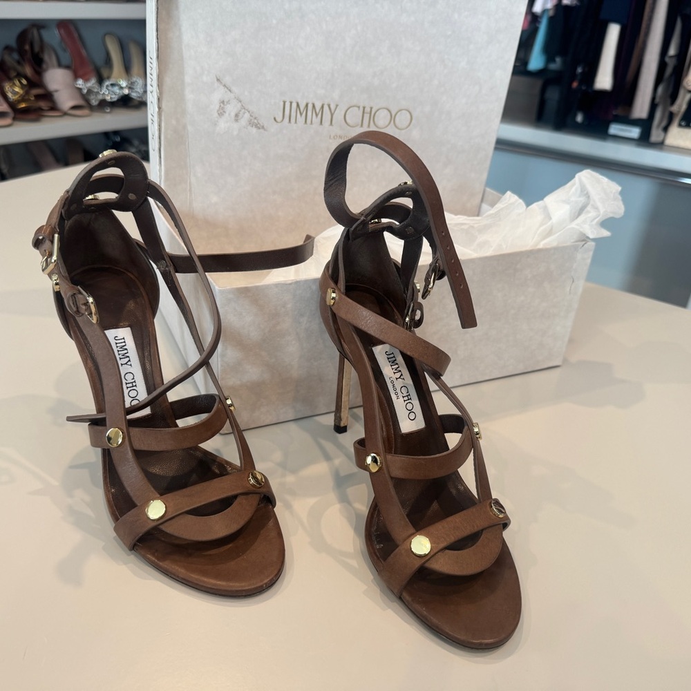 Jimmy choo dark brown strappy high heel sandal size 37..5